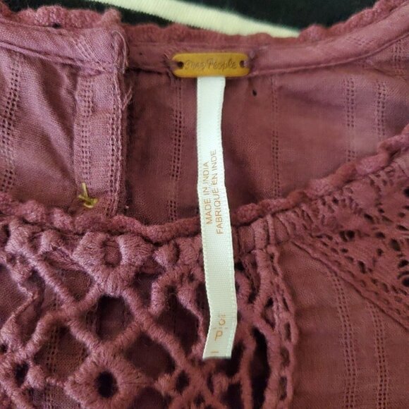 FREE People‎ Button Up Shirt Womens Small S Wine Crochet Sheer Victorian Peasant - Picture 3 of 13
